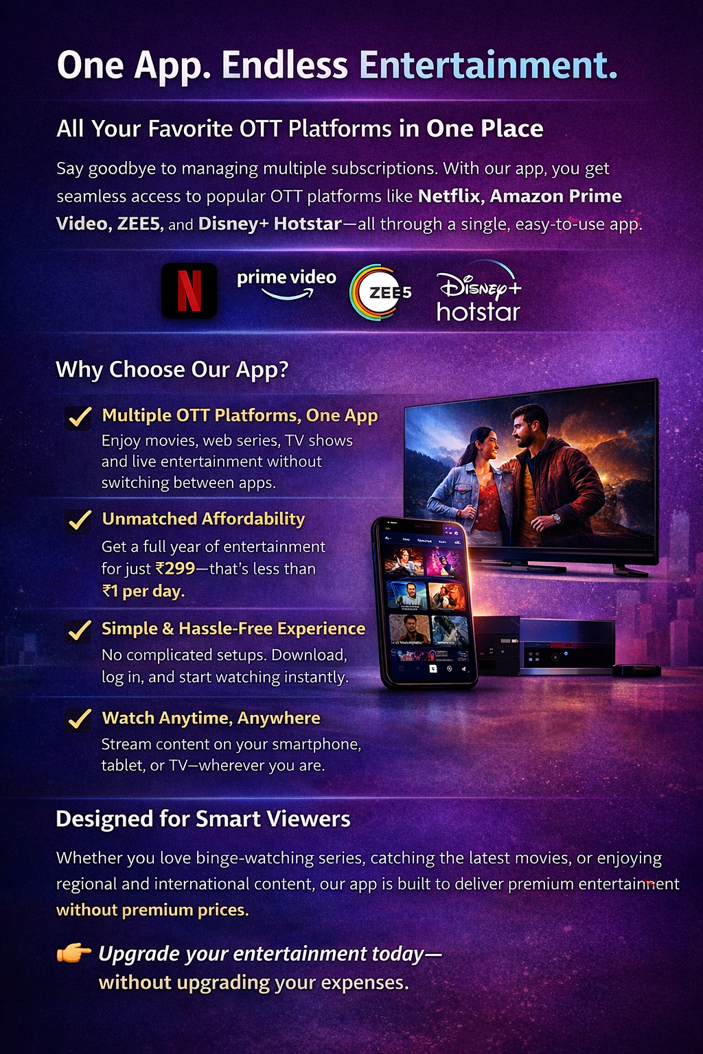 Premium OTT Streaming App | Netflix, Prime Video, ZEE5 & Hotstar | All-In-One